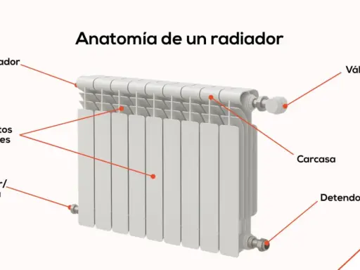 Diagrama de las partes de un radiador: purgador, válvula, carcasa, detendor, reductor/tubería y elementos radiantes.