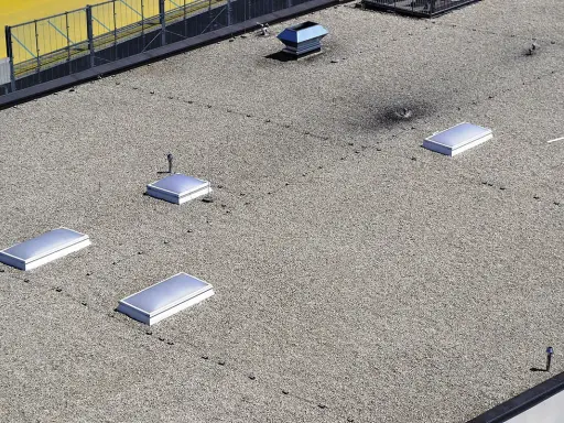 Flachdach mit Kiesbelag und mehreren Lichtkuppeln. Die harte Bedachung bietet Brandschutz und schützt vor Witterungseinflüssen.