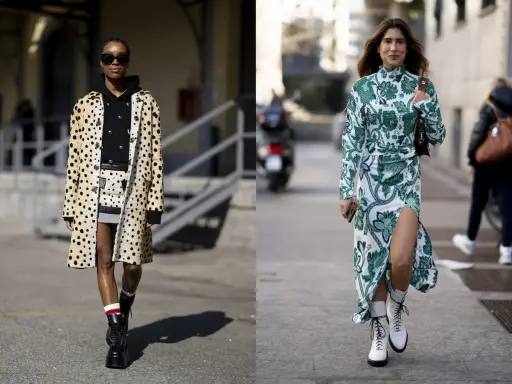 Due donne sfoggiano un look elegante con anfibi: una con cappotto maculato e minigonna, l'altra con abito floreale e stivali bianchi.