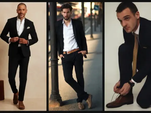 Three men showcase stylish black suit combinations. One wears a suit with a scarf, another with a belt, and the third ties his shoes.