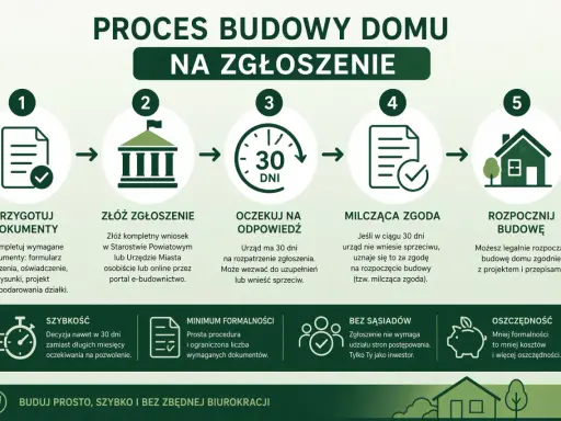 Proces budowy domu na zgłoszenie: przygotuj dokumenty, złóż zgłoszenie, czekaj 30 dni, milcząca zgoda, rozpocznij budowę. Szybko, tanio i bez zbędnej biurokracji.