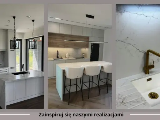 Nowoczesne kuchnie z blatami z konglomeratu o marmurowych wzorach. Eleganckie wyspy, designerskie lampy i złota armatura.