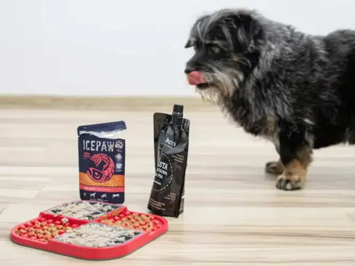 Pies z językiem na wierzchu patrzy na matę do wylizywania dla psa wypełnioną smakołykami.