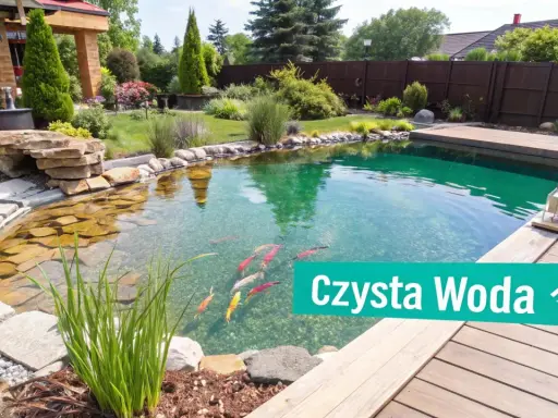 Piękne oczko wodne z rybkami i roślinnością, zapewniające czystą wodę dzięki napowietrzaniu.