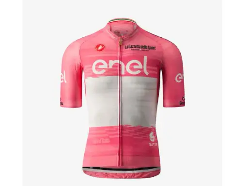 Das ikonische **maglia rosa** Radtrikot, bereit für den Giro d'Italia. Mit Sponsorenlogos wie Enel und La Gazzetta dello Sport.