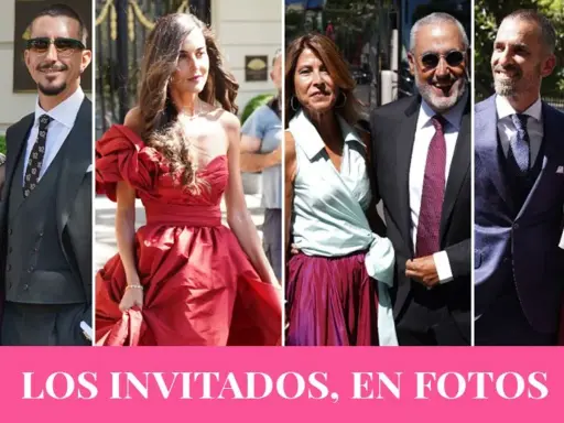 Varios invitados a la boda de Tamara Falcó, luciendo elegantes trajes y vestidos de fiesta.