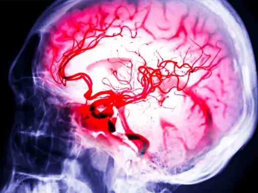Immagine radiografica di un cervello con vasi sanguigni rossi evidenziati, che simboleggiano la lotta per l'aneurisma cerebrale sopravvivenza.