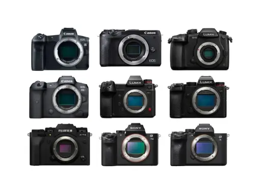 Różne rodzaje aparatów fotograficznych: Canon EOS R, R5, Lumix GH5, S1H, S5, Fujifilm X-T4, Sony Alpha 7 III, 7S III.