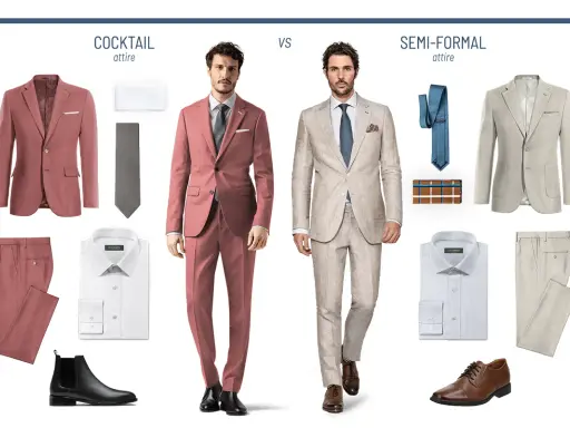 A man models a coral suit for cocktail attire, contrasted with a linen suit for semi-formal wear.