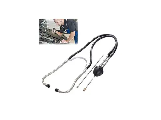 Un mecánico usa un estetoscopio mecánico para diagnosticar ruidos en un motor.