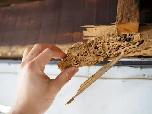 Main d'une personne tenant un morceau de bois rongé par les termites, révélant un petit trou dans le bois.
