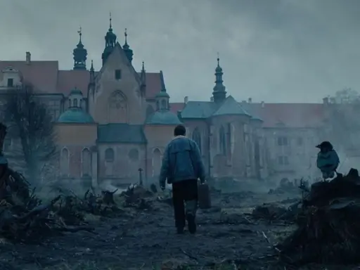 Mężczyzna z walizką idzie w stronę zamku, na pierwszym planie kruk na pniu.