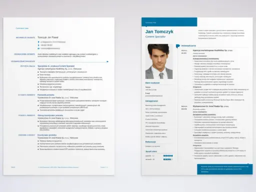Zdjęcie przedstawia fragment CV z danymi osobowymi, doświadczeniem zawodowym i umiejętnościami Jana Tomczyka.