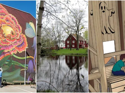 Konst, natur och lek – en mix av aktiviteter i Alingsås. En person fotar en blomstermålning, röda hus speglas i vatten, och ett barn leker i en träborg.