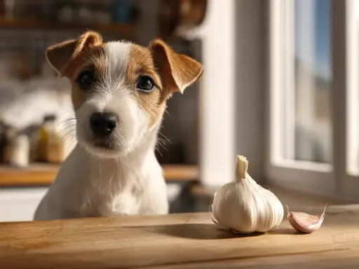 Un adorable chien regarde une tête d'ail sur une table en bois.