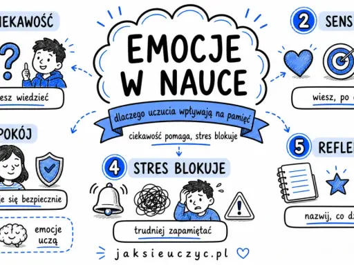 Emocje w nauce: ciekawość pomaga, stres blokuje. Gdy czujesz się bezpiecznie, łatwiej zapamiętać. Nie bądź intruzem dla swojej pamięci, pielęgnuj spokój.