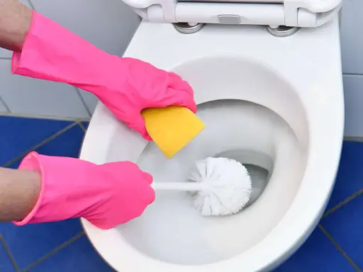 Hände in pinken Handschuhen reinigen die Toilette mit einer Bürste und einem Schwamm. Soda ist ein tolles Hausmittel zur Toilette mit Soda reinigen.
