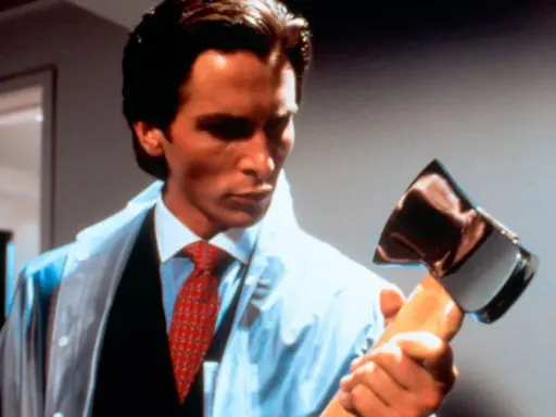 Patrick Bateman, den amerikanska psyko, håller en yxa.