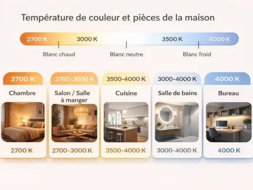 Guide des températures de couleur pour chaque pièce : chambre (blanc chaud), salon (blanc neutre), cuisine et salle de bains (blanc neutre à froid), bureau (blanc froid).