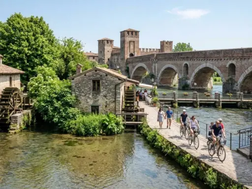 Un pittoresco borghetto sul Mincio con mulini ad acqua, un ponte ad archi e persone che passeggiano e pedalano.