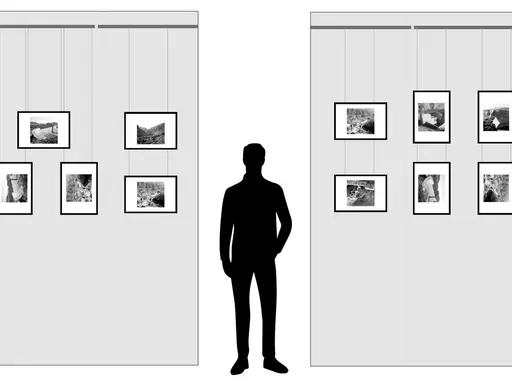 Ilustración muestra cómo colocar cuadros de diferentes tamaños en una pared, con un hombre silueta para escala.