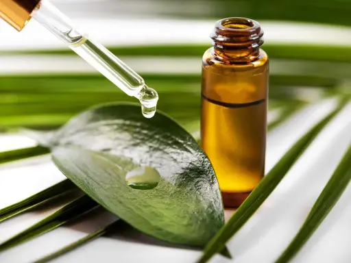 Goutte d'huile de tea tree acné tombant d'une pipette sur une feuille verte, à côté d'un flacon ambré.