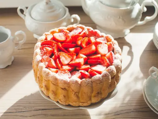 Gâteau frais garni de fraises, entouré de biscuits cuillère et saupoudré de sucre glace. Une belle table de thé.