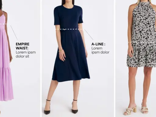 Three women model dresses showcasing different dress waistline types: empire, A-line, and drop waist.