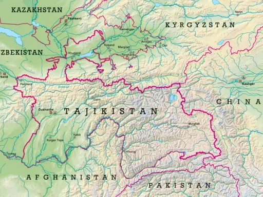 Tadżykistan mapa z zaznaczonymi miastami jak Duszanbe, Chodżent, Kulob i Khorog. Granice z Uzbekistanem, Kirgistanem, Chinami, Afganistanem i Pakistanem.