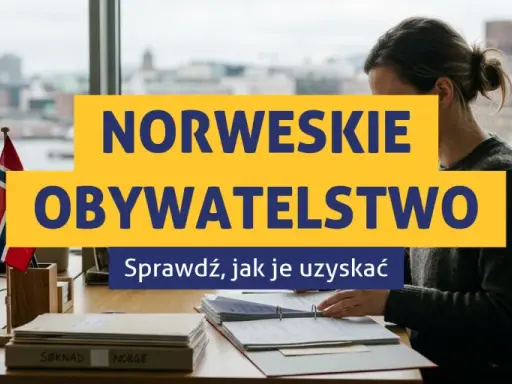 Kobieta pracuje nad dokumentami, aby uzyskać obywatelstwo norweskie. Na biurku flaga Norwegii.