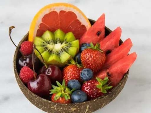 Un bol de fruits frais : fraises, myrtilles, cerises, kiwi, pastèque et pamplemousse. Un délice pour un régime fruit, combien de kilos perdu ?