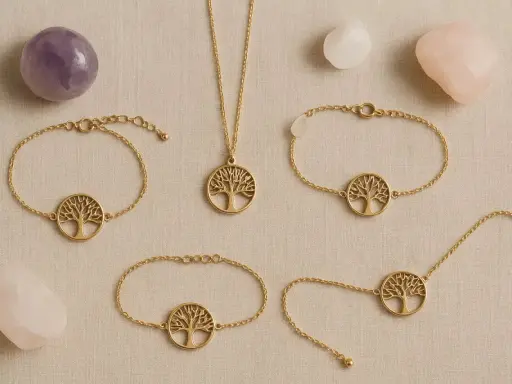 Gioielli con albero della vita in oro, circondati da pietre di quarzo. Il quarzo pietra significato è legato alla crescita e alla protezione.