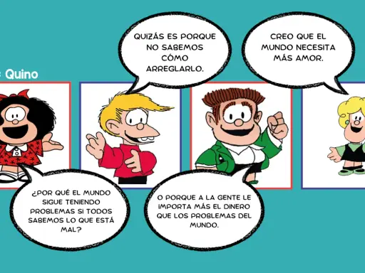 Mafalda viñetas: Mafalda se pregunta por qué el mundo tiene problemas si sabemos qué está mal. Sus amigos debaten si es por no saber arreglarlo, por falta de amor o por priorizar el dinero.