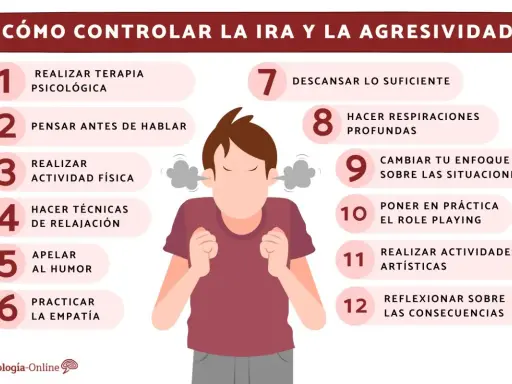 Ilustración de persona con humo saliendo de las orejas, indicando ataques de ira. Ofrece 12 consejos para controlar la ira, como terapia, ejercicio y empatía.