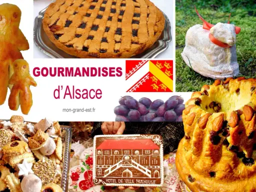 Délicieuses spécialités alsaciennes sucrées : pain d'épices, gâteau, biscuits variés, tarte et agneau de Pâques.