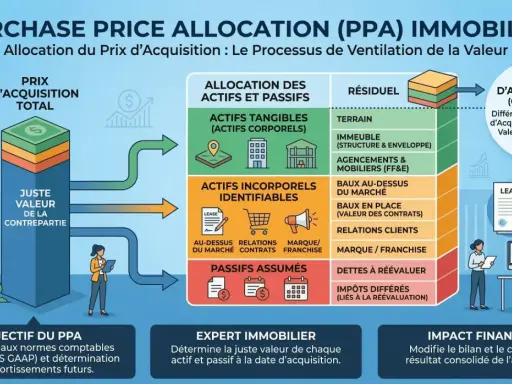 Schéma illustrant l'allocation du prix d'acquisition (PPA) dans l'immobilier, détaillant actifs tangibles, incorporels, passifs, et le concept de franchise opposable.