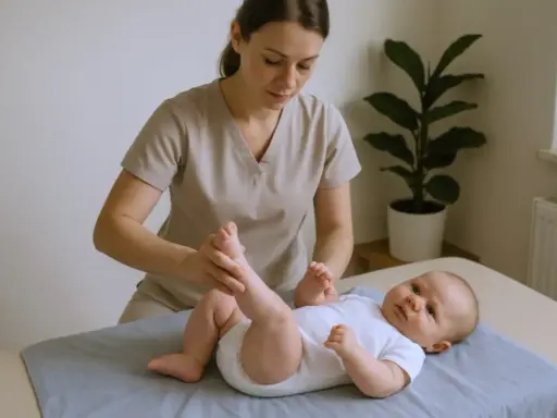 Fizjoterapeuta niemowlęcy delikatnie masuje nóżki dziecka leżącego na macie.