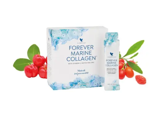 Forever Marine Collagen w saszetkach, z witaminą C, biotyną i cynkiem. Pyszny smak owoców dla Twojej urody.
