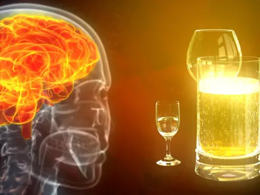 Jasny mózg w profilu, obok kieliszek i kufel piwa. Obraz symbolizuje demencję alkoholową i jej wpływ na mózg.
