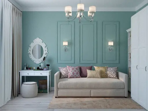 Elegancka toaletka z lustrem i kosmetykami, obok wygodna sofa. Idealne miejsce, by połączyć biurko z toaletką w stylowy sposób.