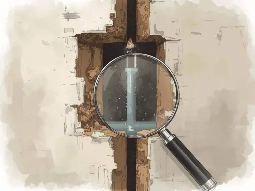 Une loupe examine un tuyau d'eau fissuré dans un mur délabré. L'inspection révèle le problème à proprement parler.
