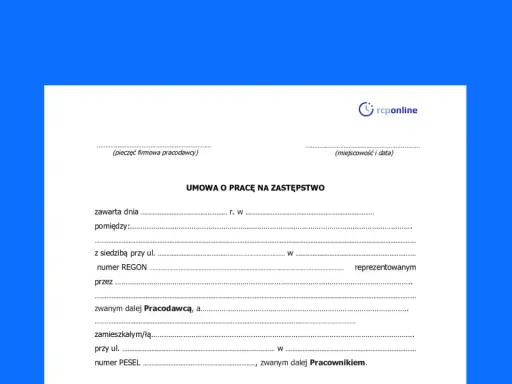 Umowa o pracę na zastępstwo. Dokument zawiera pola do wypełnienia danych pracodawcy i pracownika, a także informacje o zawarciu umowy.