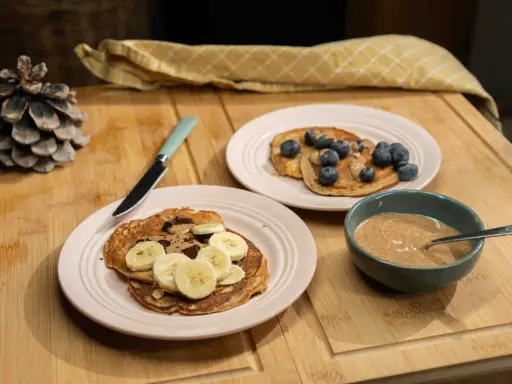 Pancakes ig bas farine complète, garnis de bananes, de chocolat et de myrtilles, avec un bol de beurre d'amande.