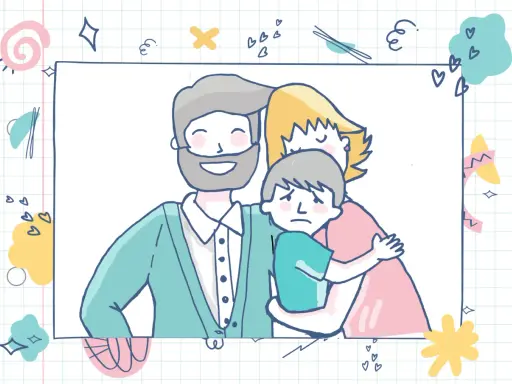 Ilustración de familia con un niño triste abrazado por sus padres, reflejando el apego en niños de 6 a 12 años.