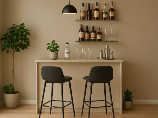 Elegante angolo bar con bottiglie di liquori, bicchieri, shaker e due sgabelli.
