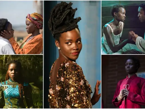 Lupita Nyong'o in diverse ruoli: da "12 anni schiavo" a Black Panther, con abiti eleganti e acconciature audaci.