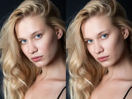 Dwie wersje portretu blondynki: jedna w jakości full HD, druga w 4K. Widać subtelne różnice w detalach skóry i włosów.