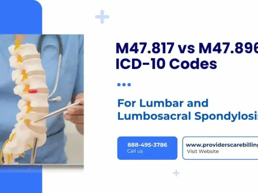 Model kręgosłupa z zaznaczonymi zmianami zwyrodnieniowymi. Mowa o kodach ICD-10 M47.817 i M47.896 dla spondylozy lędźwiowej.