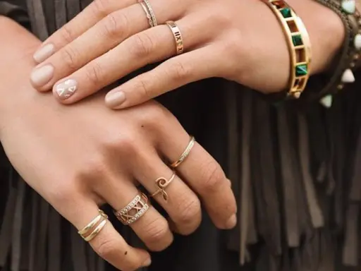 Mani adornate con anelli, tra cui uno con numeri romani, un bracciale colorato e un anello a forma di "S". Non c'è un anello da single specifico, ma la varietà suggerisce stile personale.