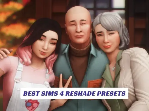 Rodzina Simsów pozuje do zdjęcia, podkreślając piękno gry dzięki najlepszym presetom The Sims 4 Reshade.